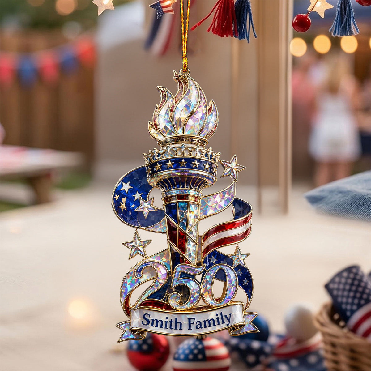 Personalized America 250th Liberty Torch Independence Celebration Hologram Acrylic Ornament
