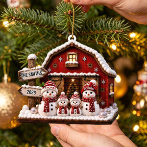 "Our Family Snowman – Red Barn" – Personalized Acrylic Hanging Ornament | Gift For Family