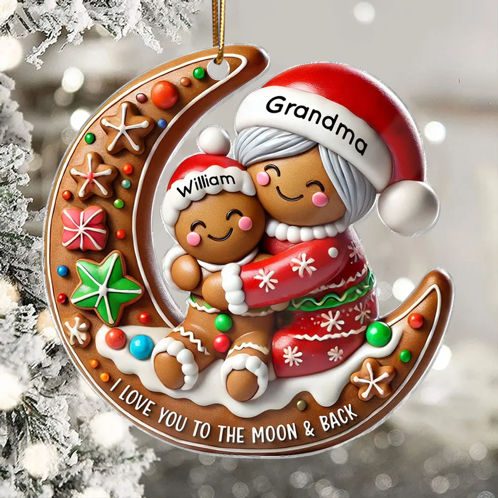Grandma Hugging Grandkid On Moon Christmas Personalized Acrylic Ornament, Meaningful Gift For Granddaughter, Grandson