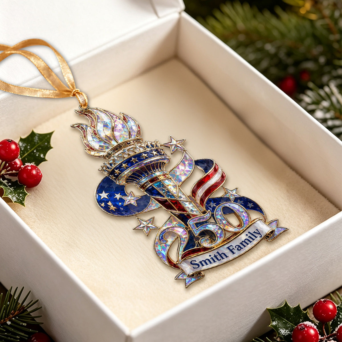 Personalized America 250th Liberty Torch Independence Celebration Hologram Acrylic Ornament