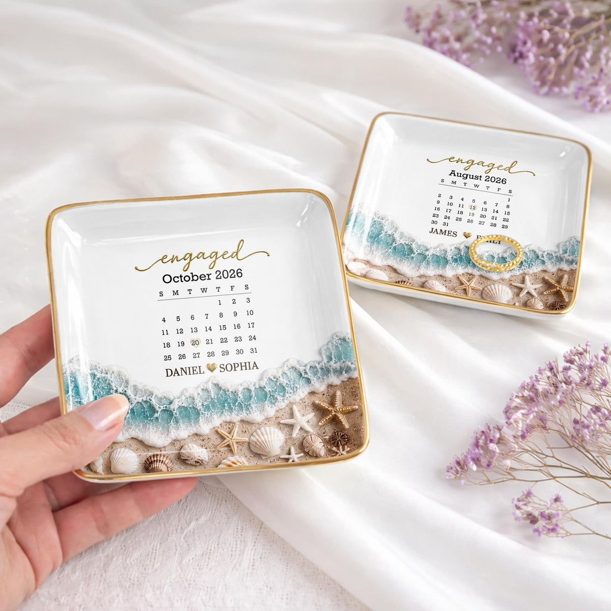 Engaged Calendar, Personalized Jewelry Dish, Gift For Couples