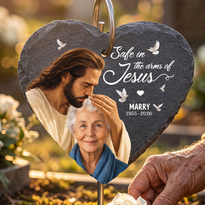 Safe In The Arms Of Jesus - Upload Image Personalized Memorial Garden Slate & Hook