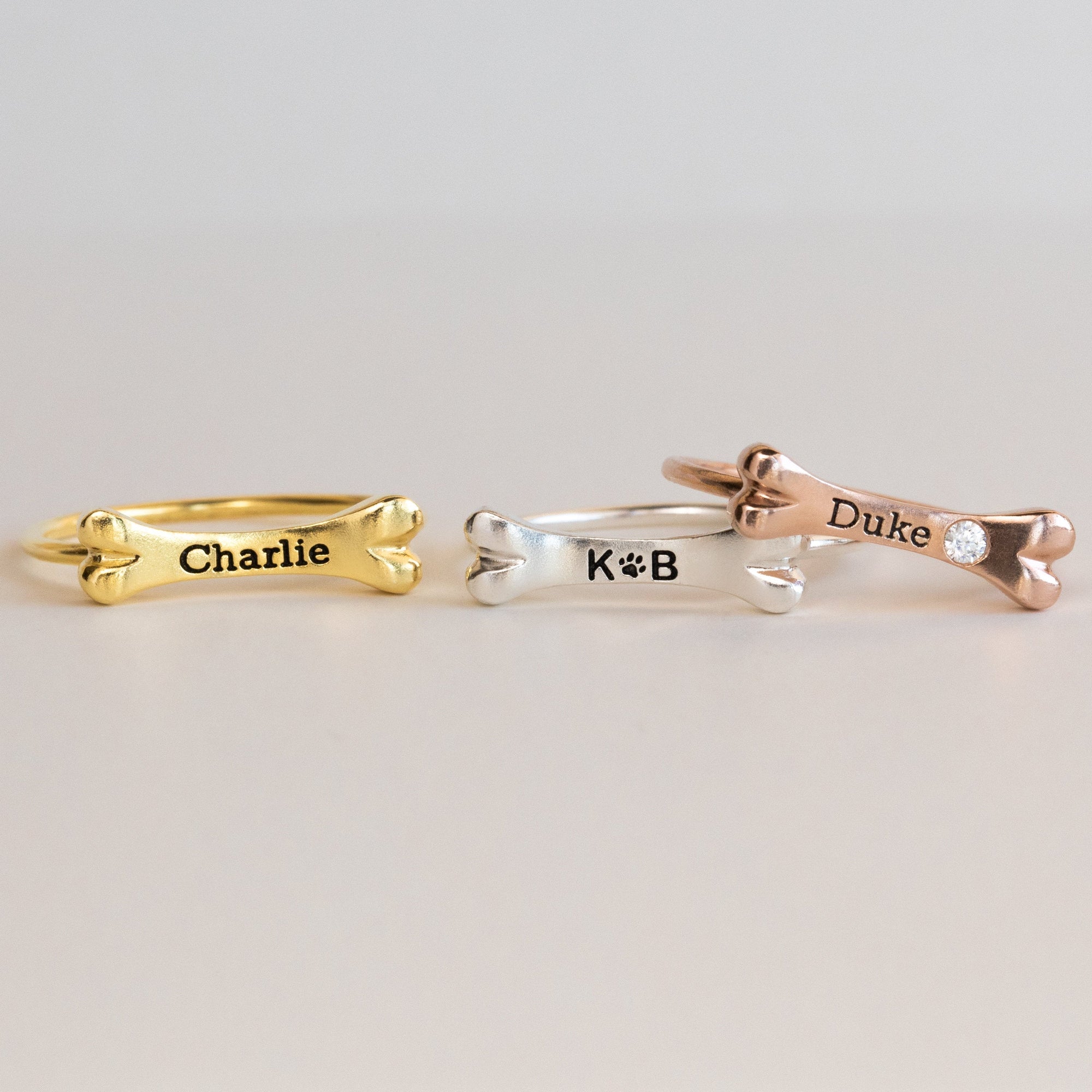 Personalized Dog Bone Charm Ring Pet Name Memorial Ring with Dainty Gemstone