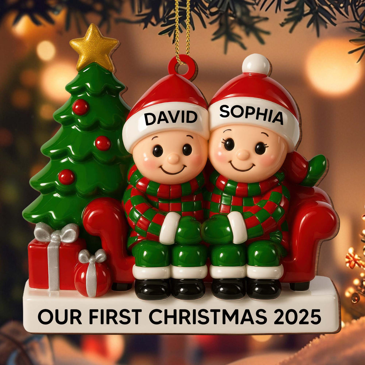 Couple Our First Christmas With Christmas Tree and Gifts, Personalized Wood Ornament