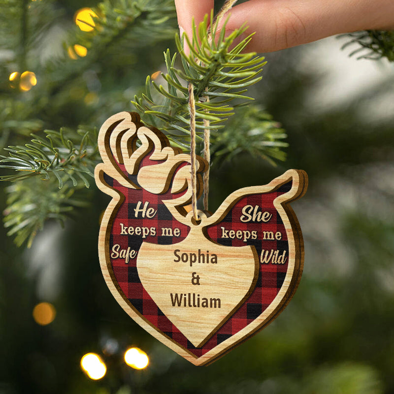 Deer Couple He Keeps Me Safe - Personalized Xmas 2 Layered Wooden Ornament