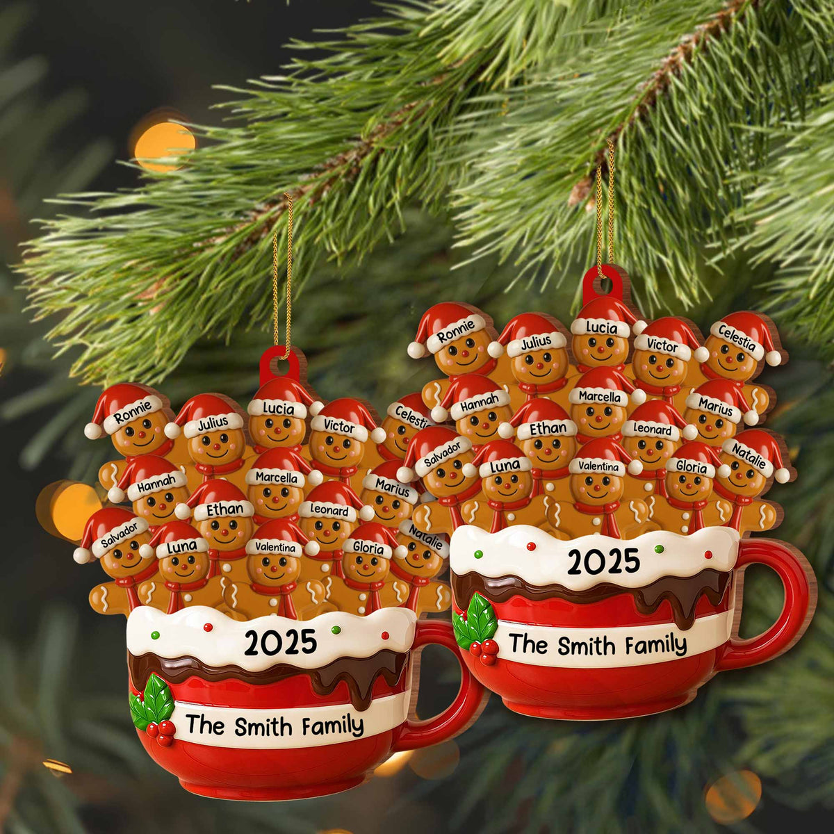 Hot Cocoa Mug With Festive Elves, Personalized Wood Ornament, Gift For Family