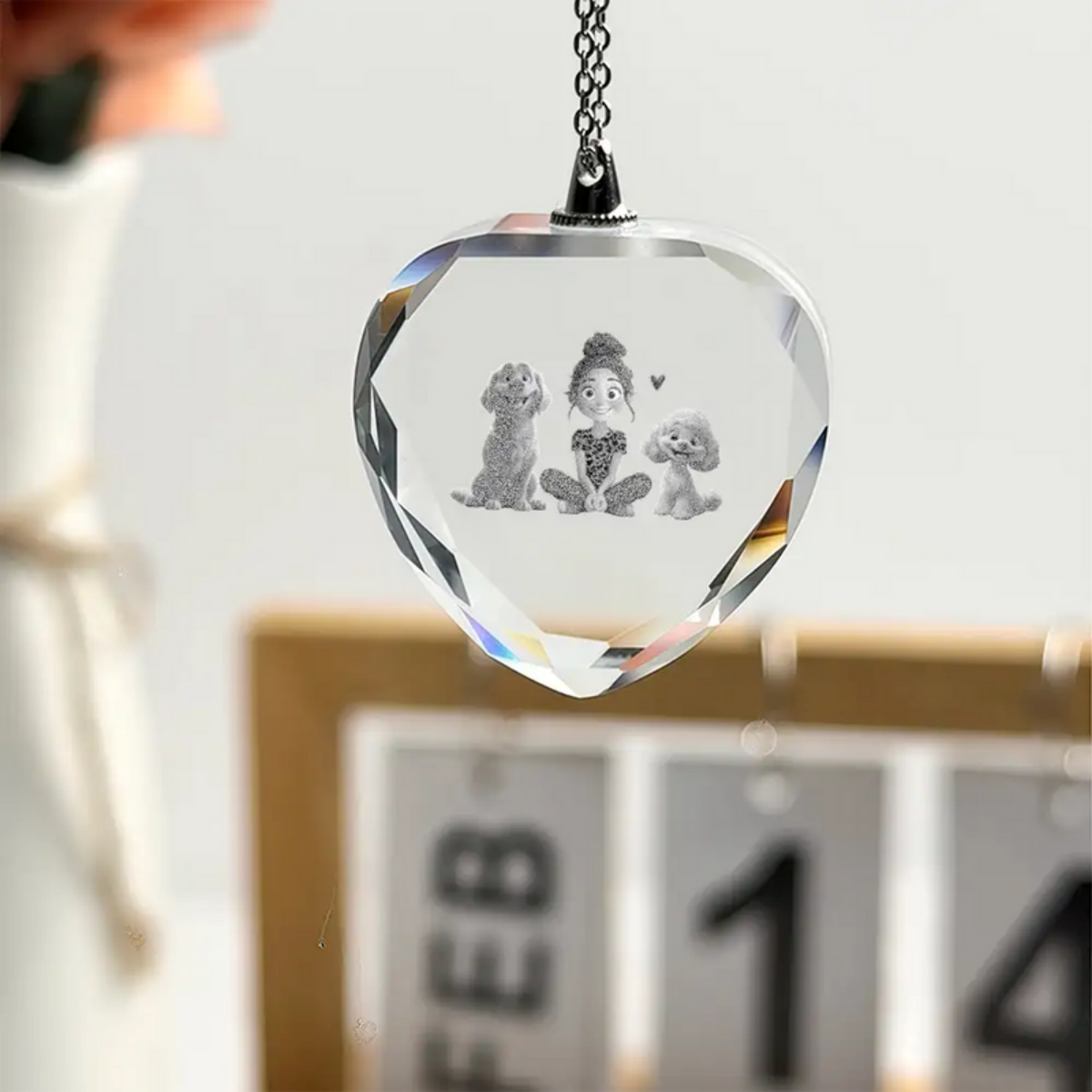 Personalized Cartoon Dog Mom as A Custom Engraved Crystal Car Ornament