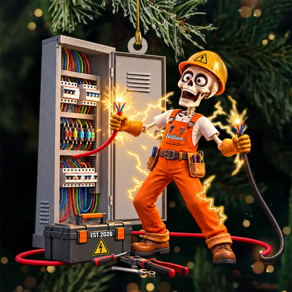 Personalized Skeleton Electrician Acrylic Ornament – Custom Name Gift For Linemen & Electrical Workers