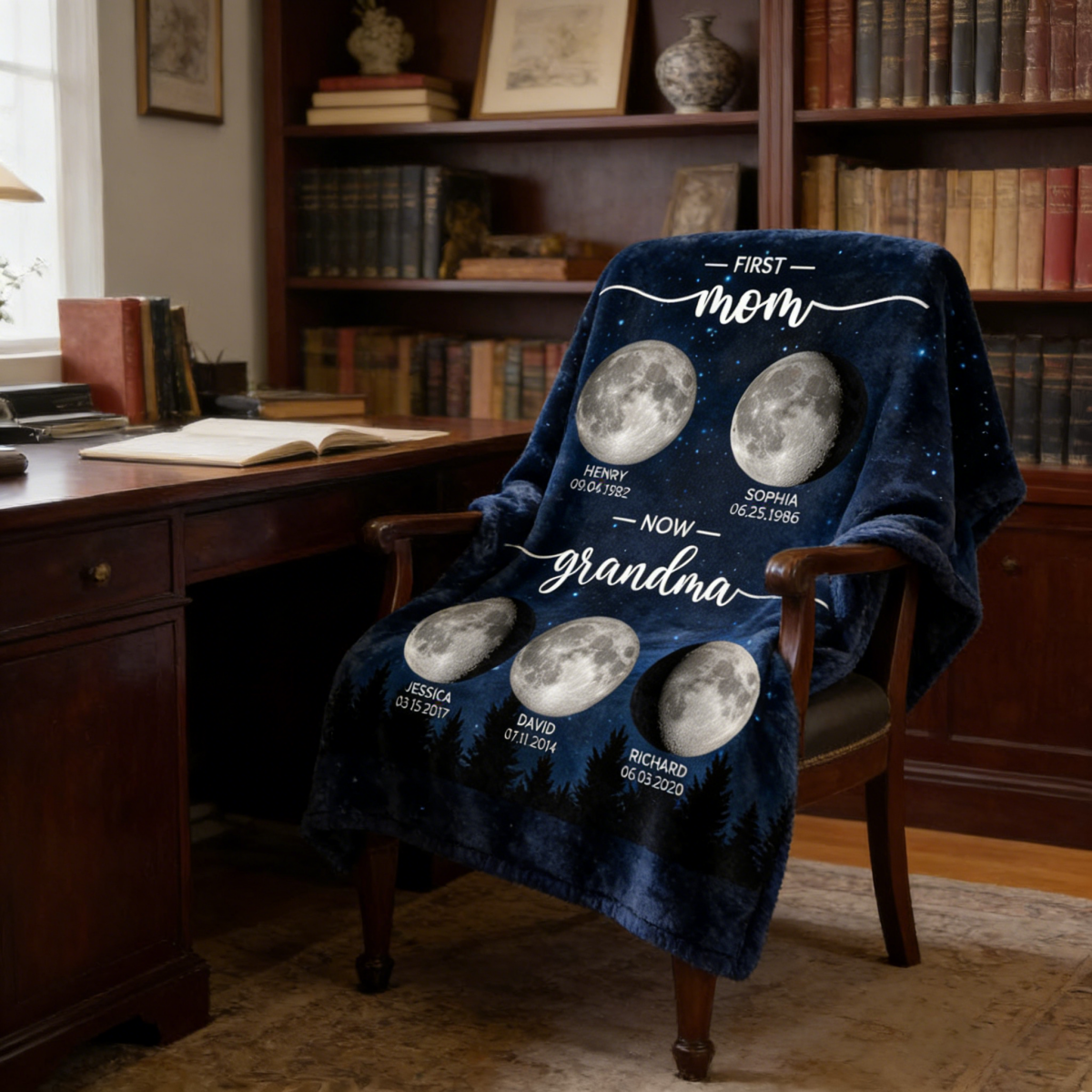 Galaxy Night First Mom Now Grandma Personalized Birth Moon Phase Blanket