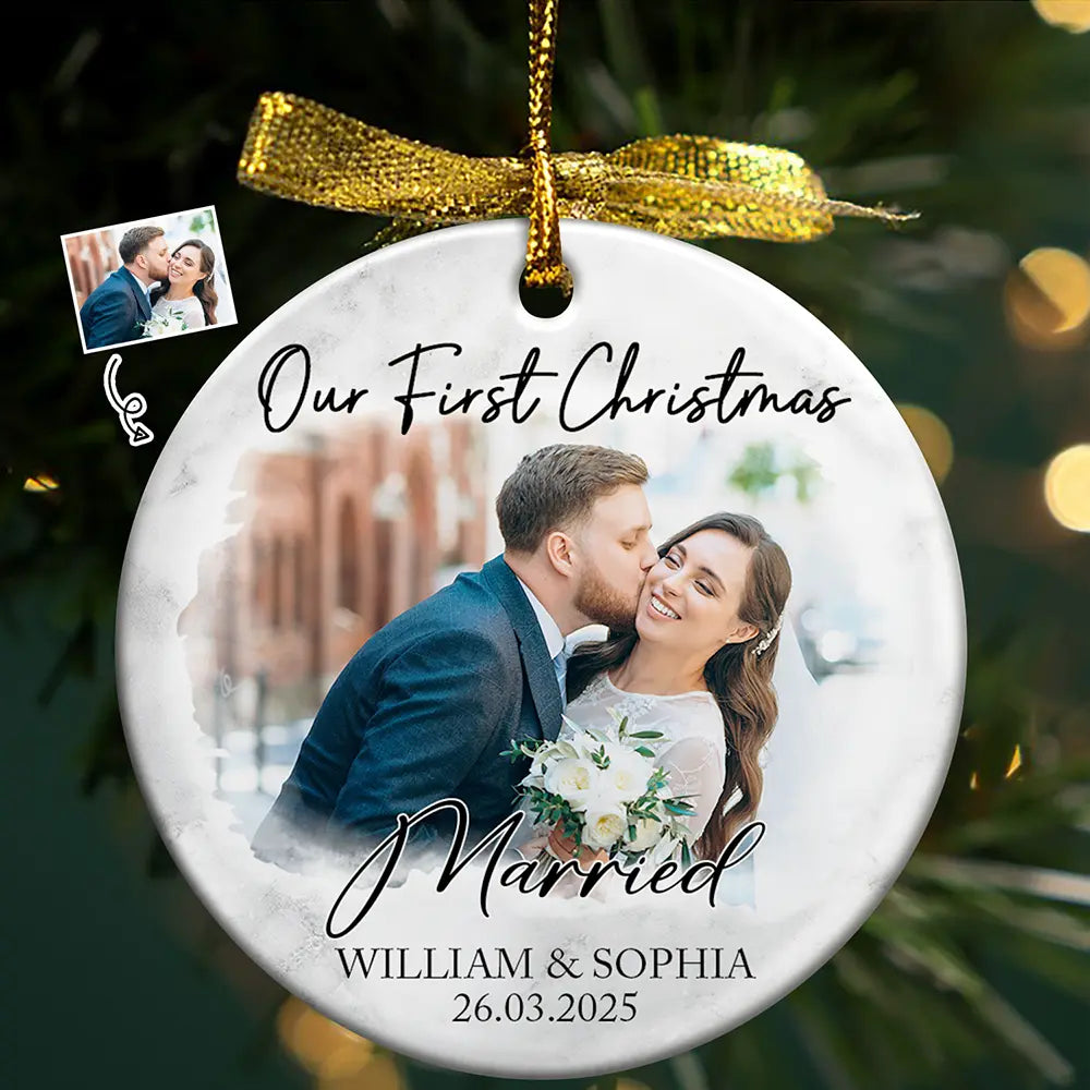 Custom Photo First Christmas Couples - Personalized Circle Ceramic Ornament