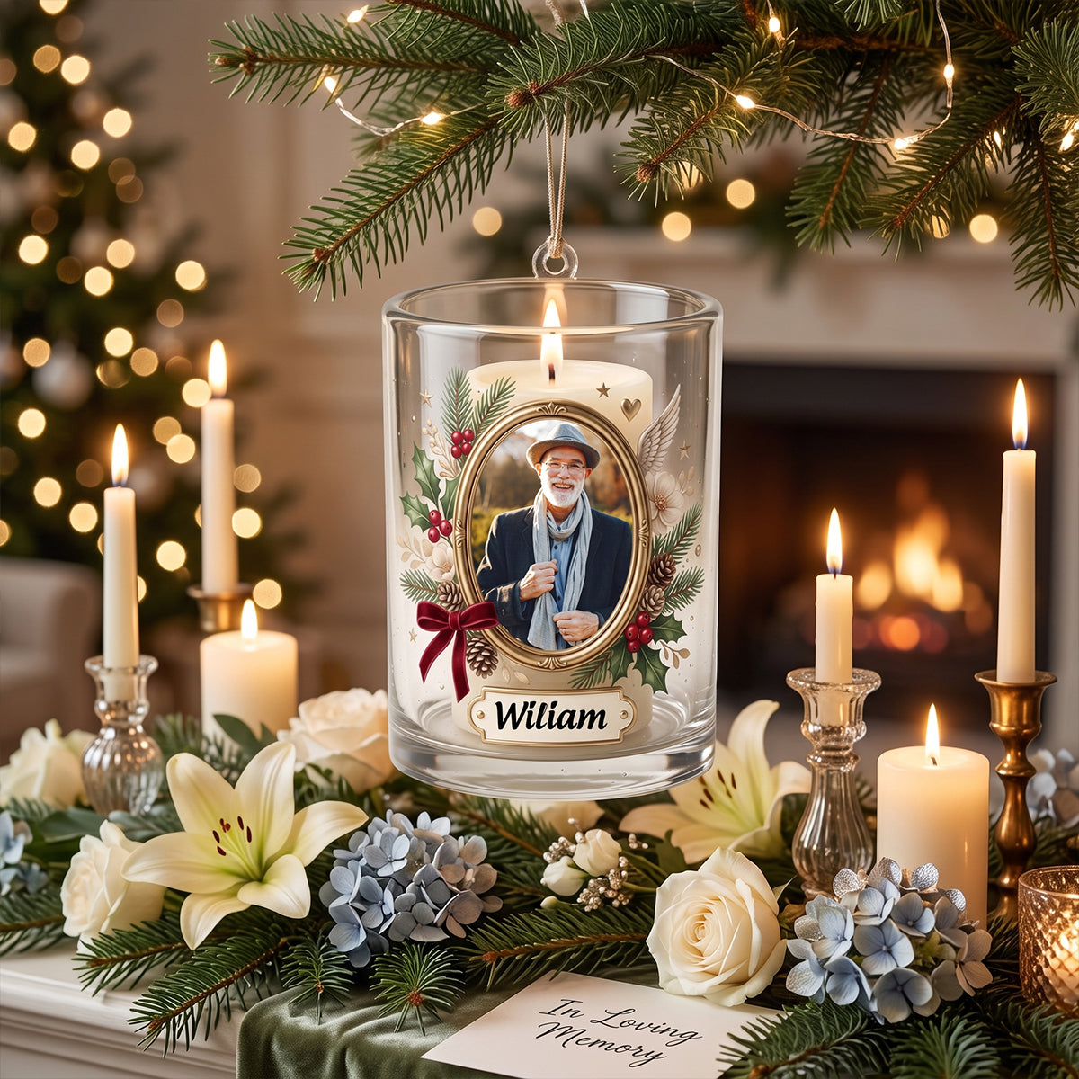 Personalized Vintage Glass Memorial Candle Christmas Ornament Custom Photo Gift