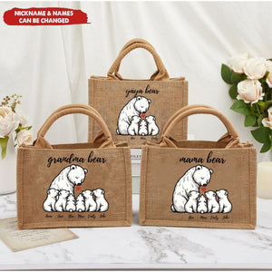 Personalized Bear With Little Bear Kids Jute Tote Bag