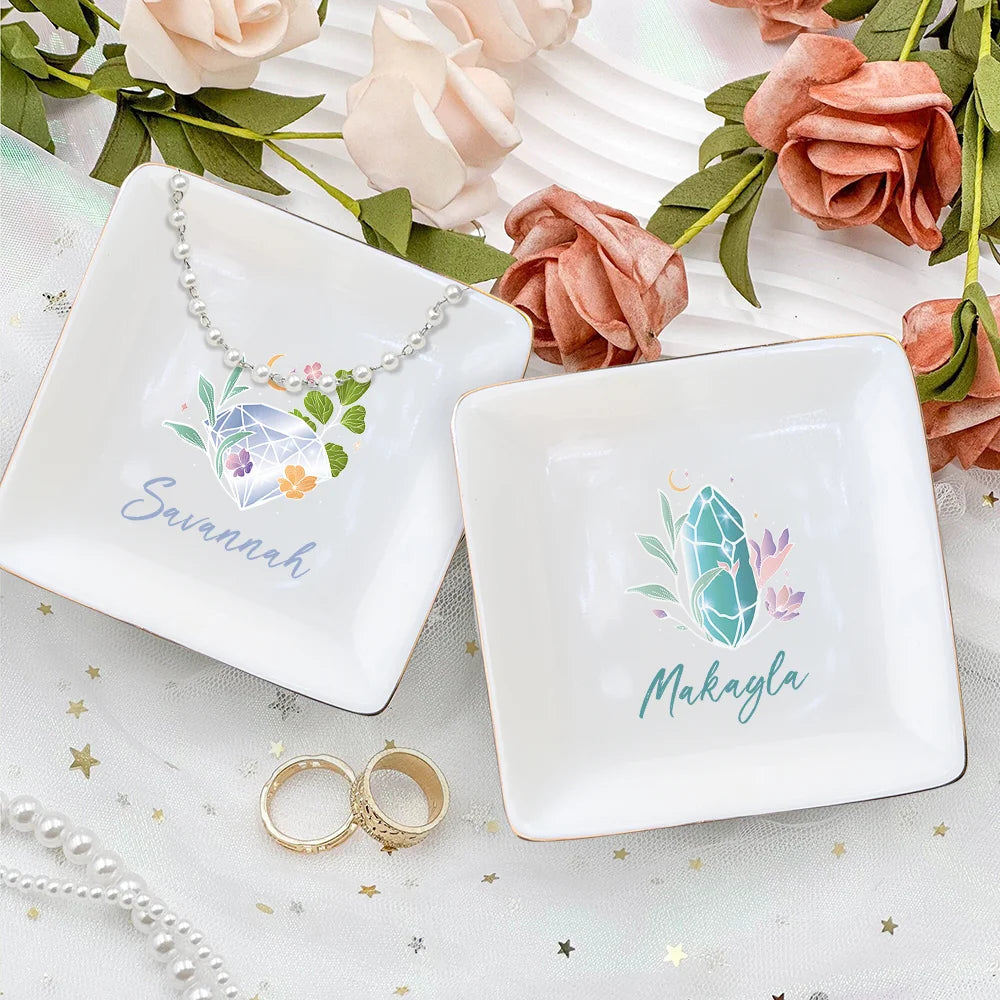 Personalized Birthstone Ceramic Square Trinket Jewelry Dish With Name, Gift For Girls Women