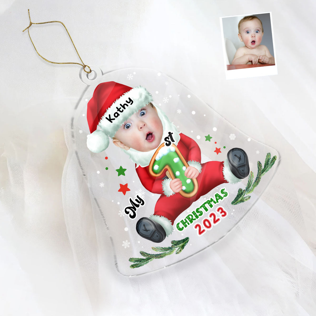 My First Xmas Personalized Christmas Baby Photo Acrylic Christmas Bell Ornament