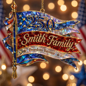 Personalized "Freedom Banner" America 250th Acrylic Ornament – Hologram Patriotic Family Keepsake