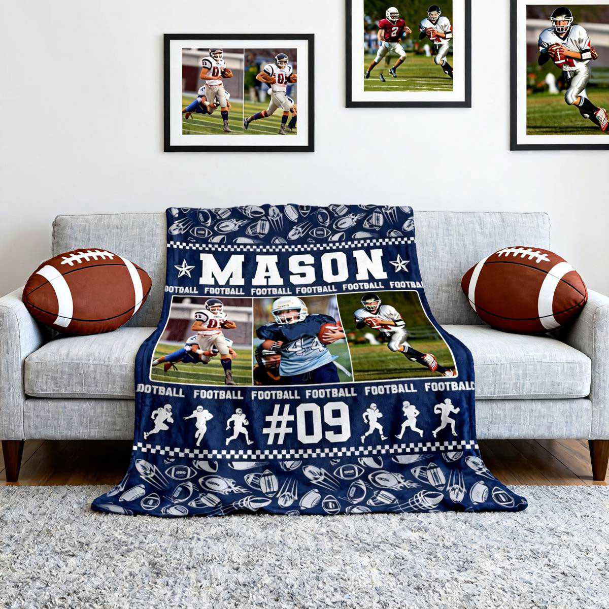 Personalized American Football Blanket – Custom Sports Blanket with Name & Photo, Football Player Gift