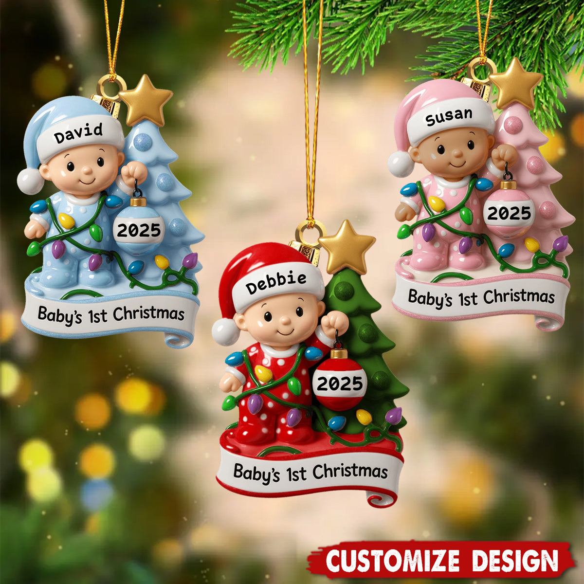 Baby's 1st Christmas With Festive Tree And Lights, Personalized Wood Ornament