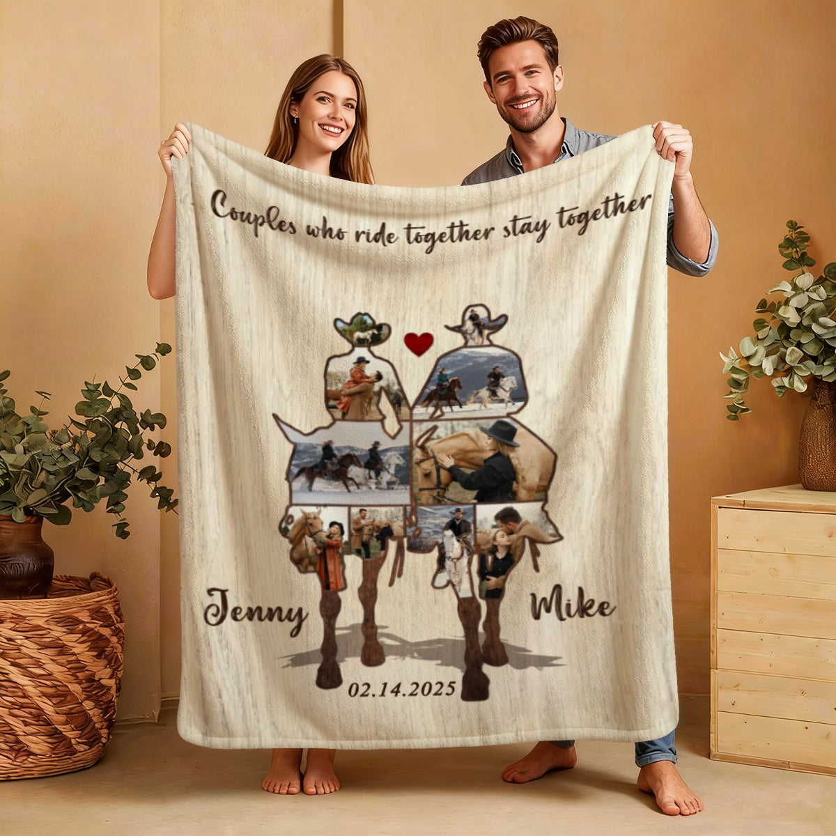 Custom Couple Cowboy Photo Collage Blanket , Personalized Couple Horse Riding Gift, Riding Partners Horse Riding Gifts