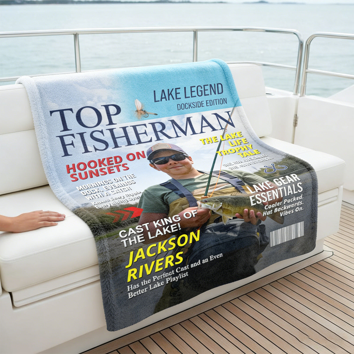 Personalized Lake Fishing Magazine Cover Blanket, Custom Gift for Fishing Dad, Husband or Him