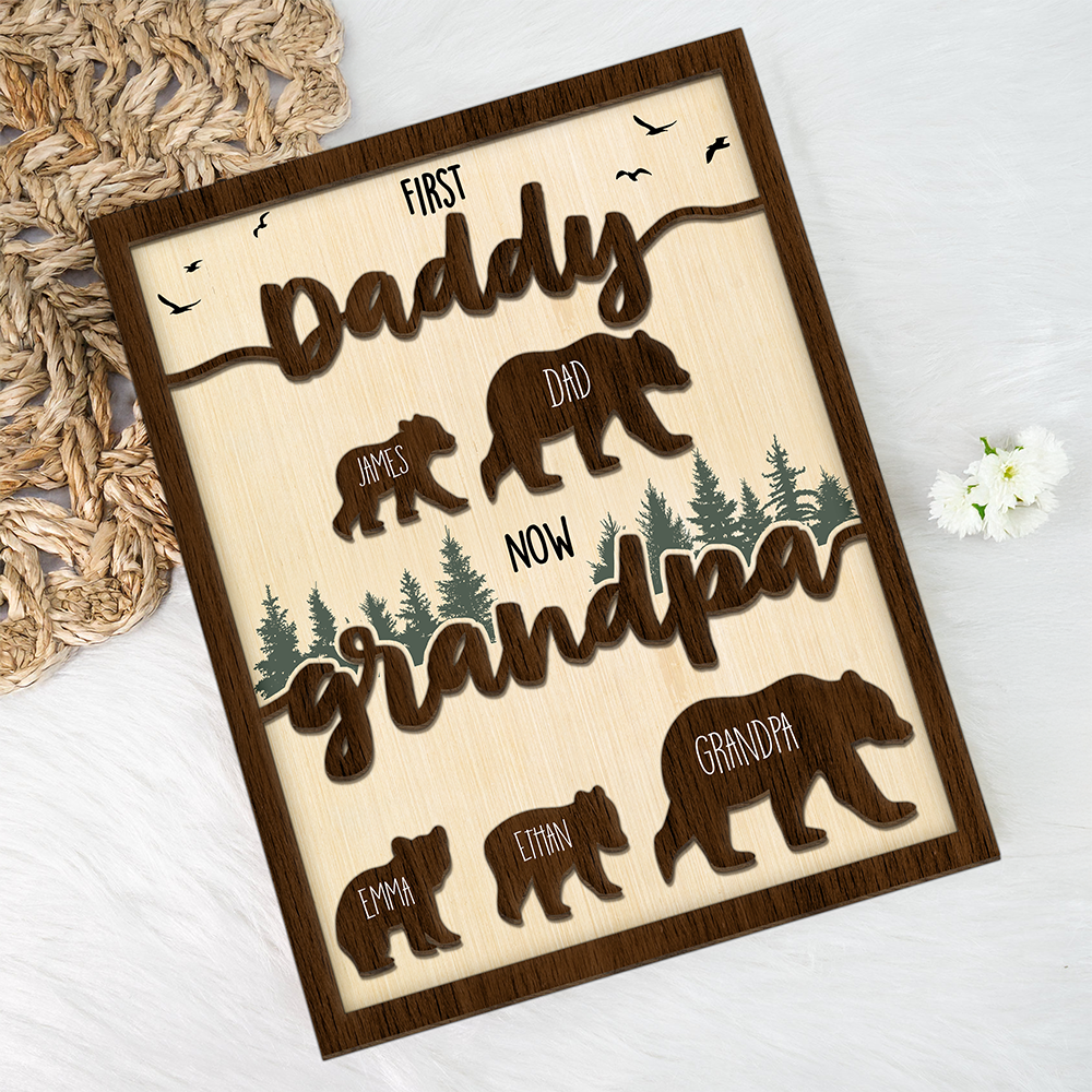 Papa Bear Family Personalized 2-Layered Wooden Plaque Gift For Dad, Grandpa