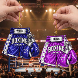 Personalized Boxing Gloves & Shorts Christmas Ornament 2026 – Custom Name Acrylic Keepsake | Gift For Boxers & Coaches
