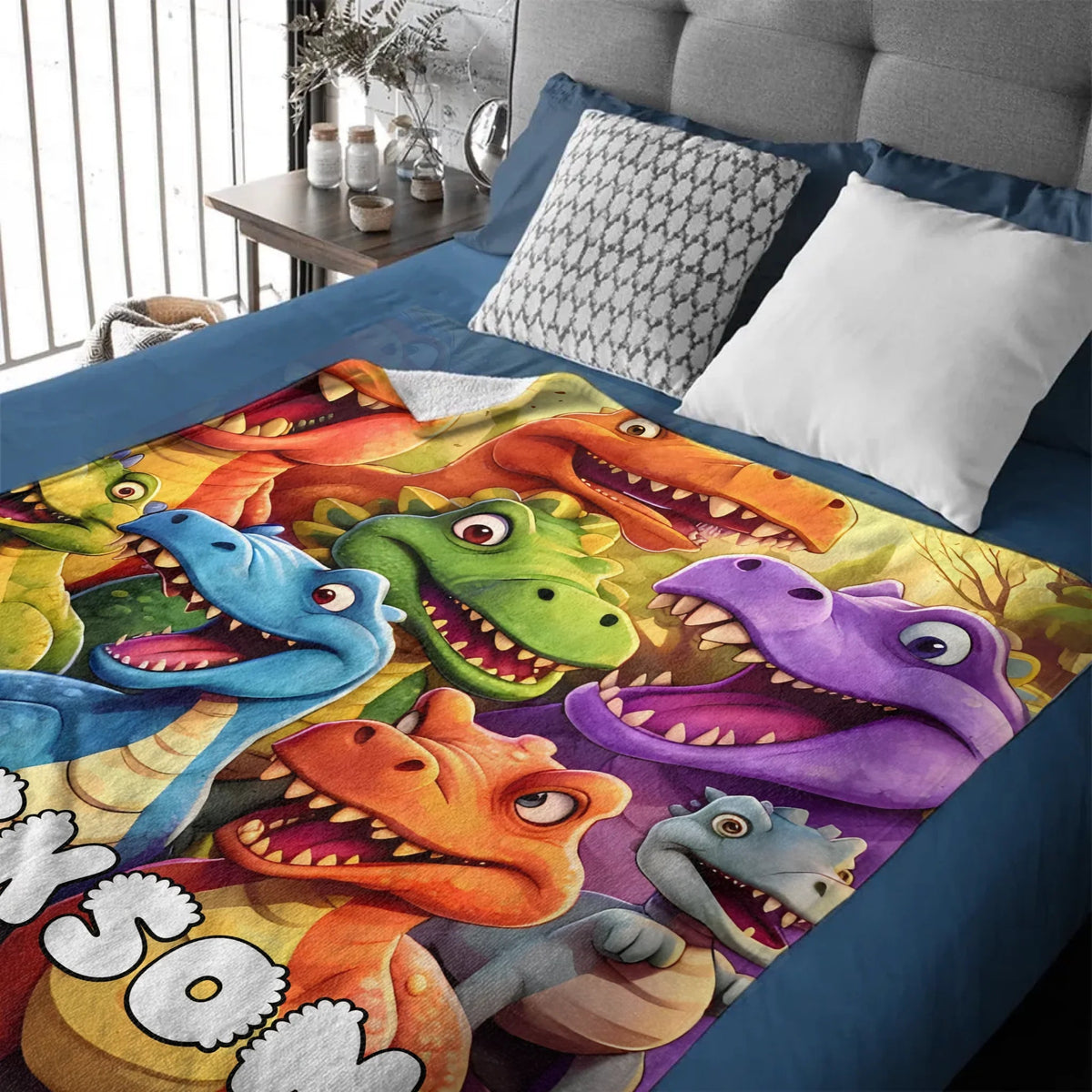 Cute Dinosaur Personalized Name Blanket Gift For Kids, Children