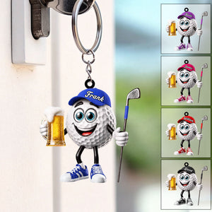 Toasting Golf Ball Keychain - Personalized Cute Beer Golf Mascot Keychain