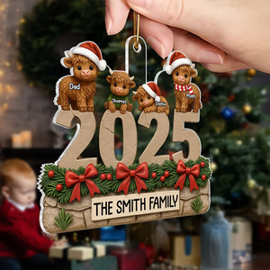 Christmas Highland Cows Family Dad Mom Kids - Personalized Acrylic Ornament
