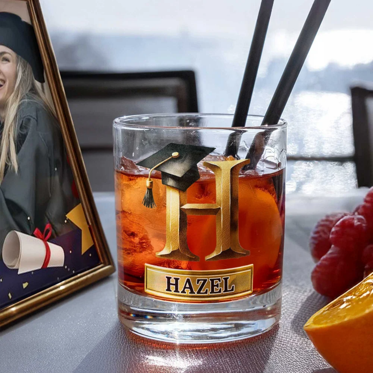 Personalized Graduation Cap Initial Whiskey Glass Gift for Graduates Whiskey Lovers