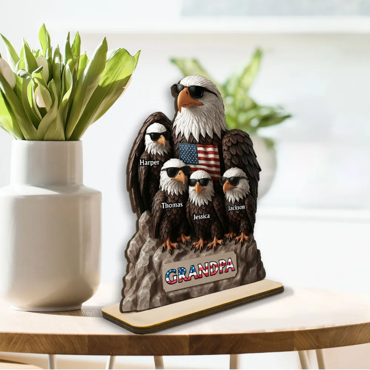 Patriotic Eagle Grandpa Dad & Kids Personalized Standing Wooden Plaque, Gift For Dad Grandpa