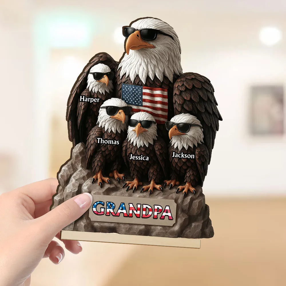 Patriotic Eagle Grandpa Dad & Kids Personalized Standing Wooden Plaque, Gift For Dad Grandpa
