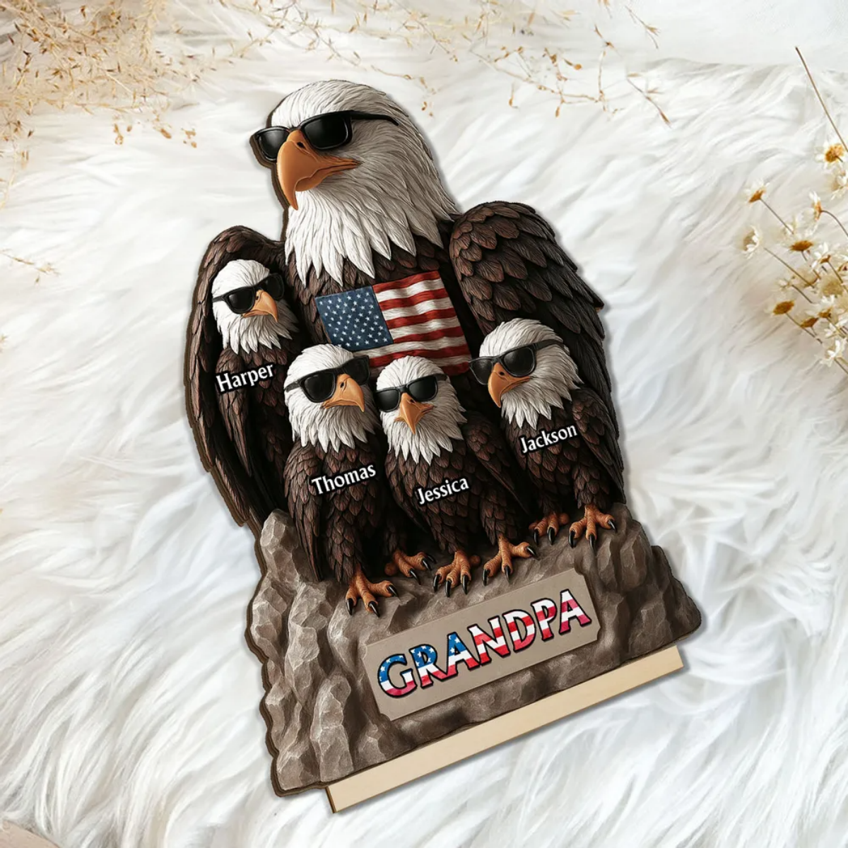 Patriotic Eagle Grandpa Dad & Kids Personalized Standing Wooden Plaque, Gift For Dad Grandpa