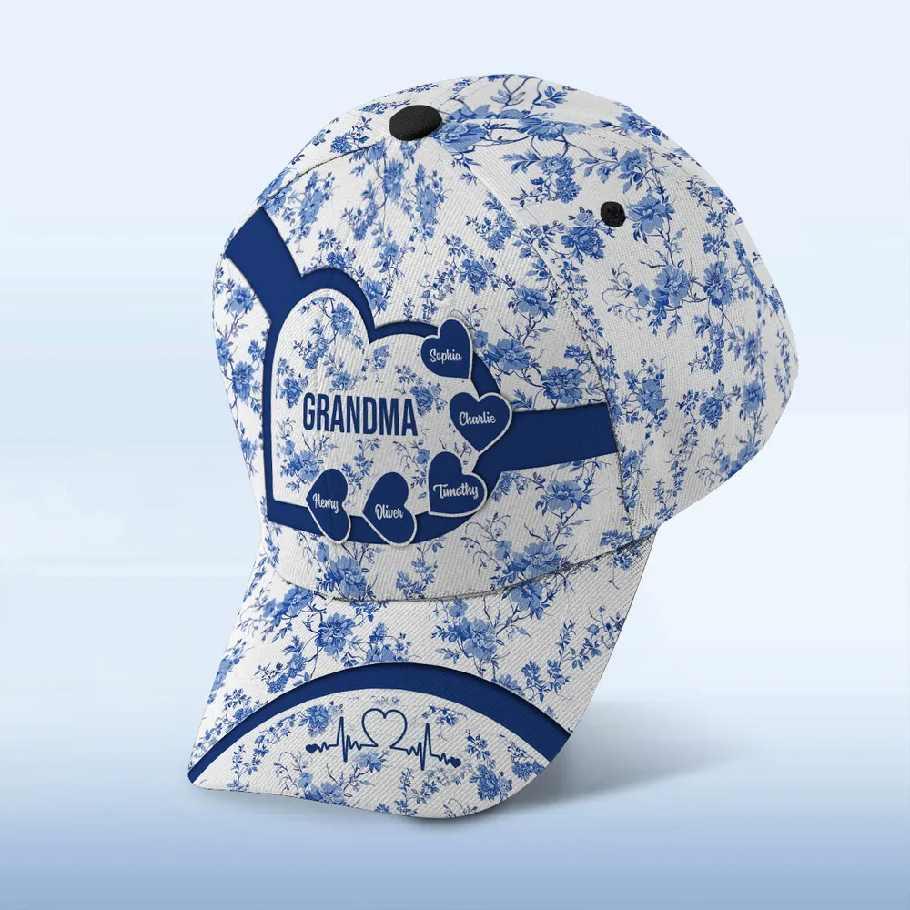 Blue Heart Floral Chinoiserie Patterned Personalized Cap, Mother's Day gift for Mom, Grandma
