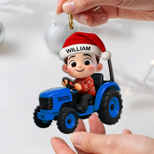 Cartoon Kid With Dinosaur Excavator Christmas - Personalized Acrylic Ornament - Unique Gift For Grandkids