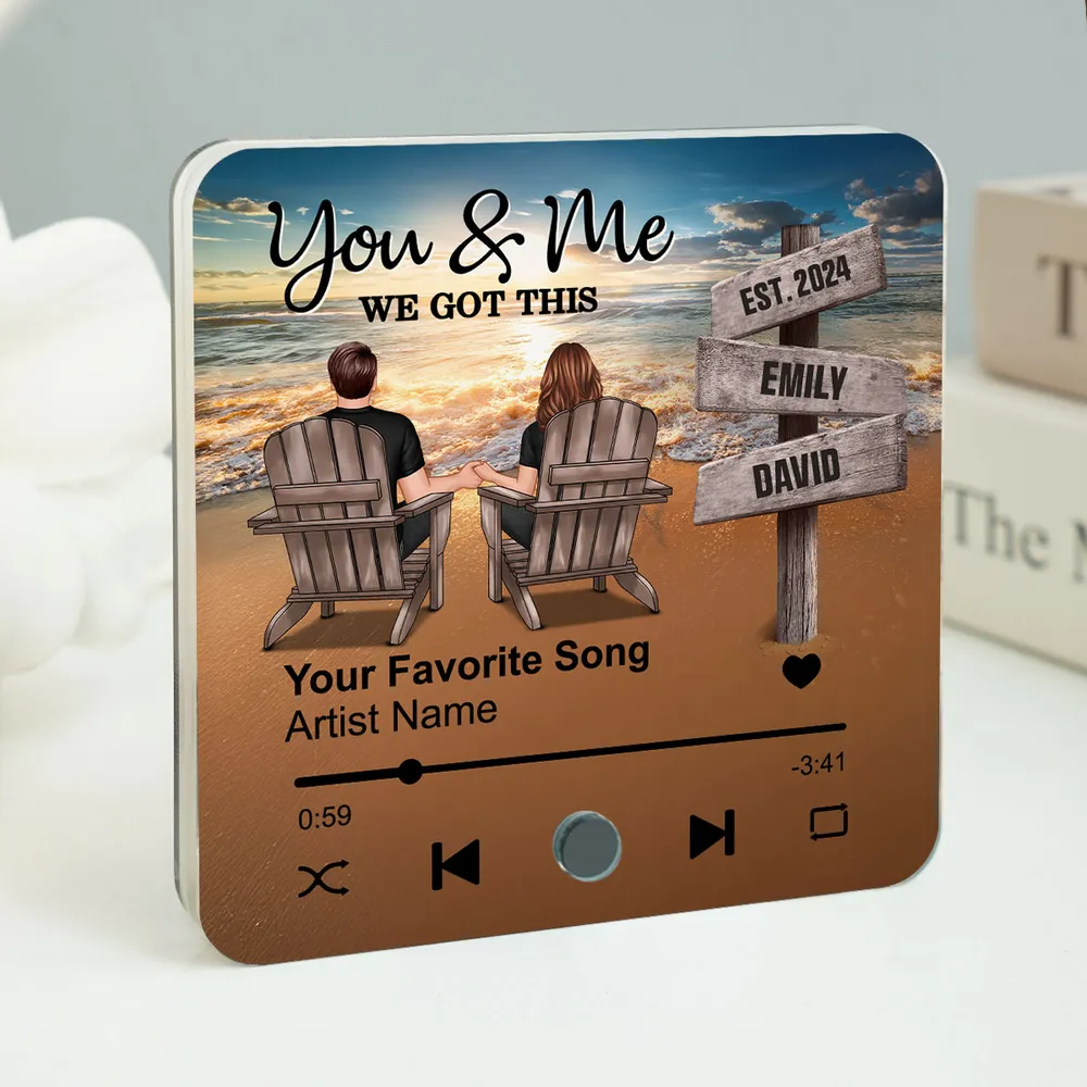 Romantic Beach Landscape Couple Sitting Holding Hands Sign Posts Personalized Music Fridge Magnet