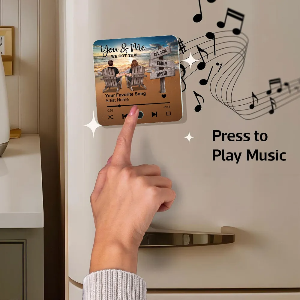 Romantic Beach Landscape Couple Sitting Holding Hands Sign Posts Personalized Music Fridge Magnet