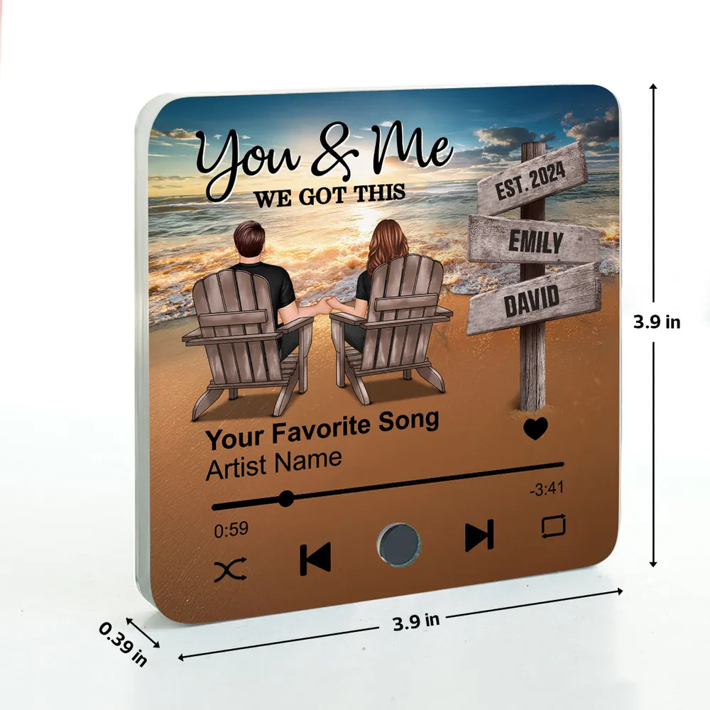 Romantic Beach Landscape Couple Sitting Holding Hands Sign Posts Personalized Music Fridge Magnet