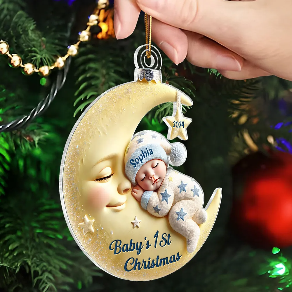 Baby On Moon First Christmas Keepsake Personalized Acrylic Ornament