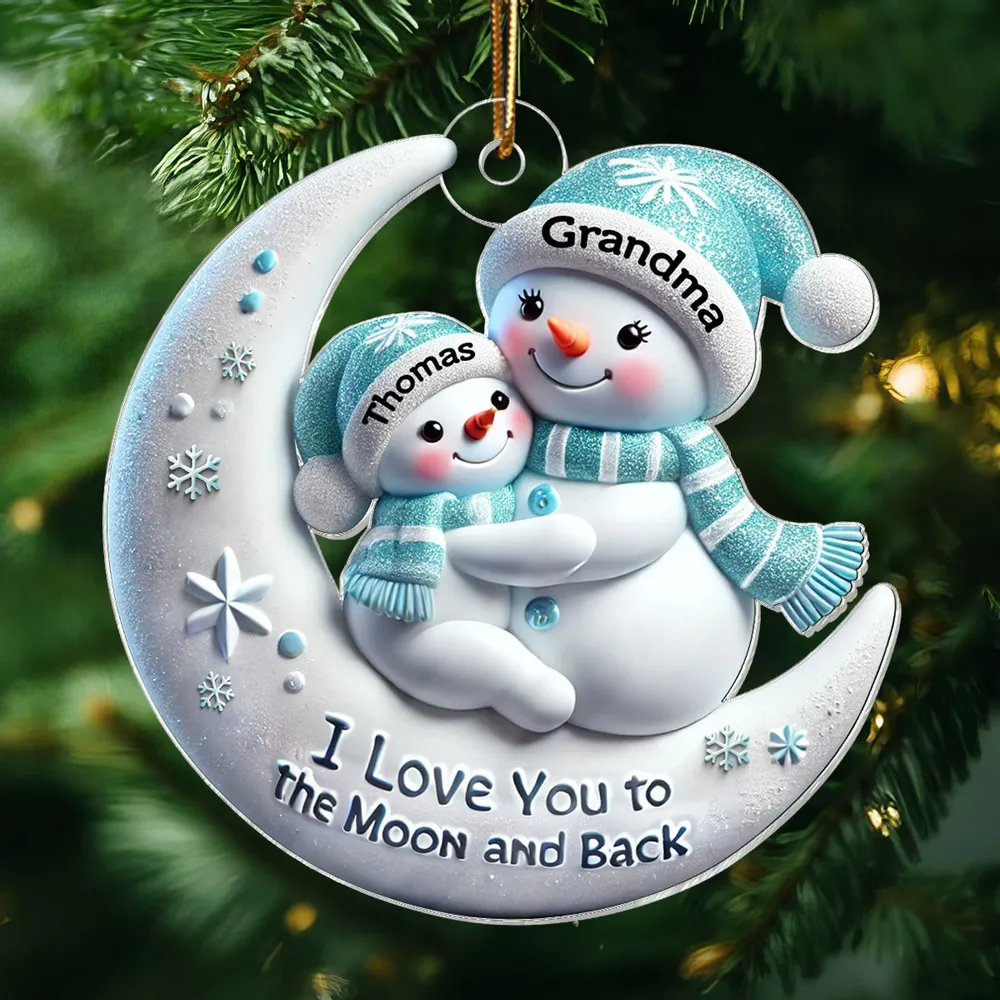 Snowman Grandma & Hugging Grandkid On The Moon Personalized Acrylic Ornament