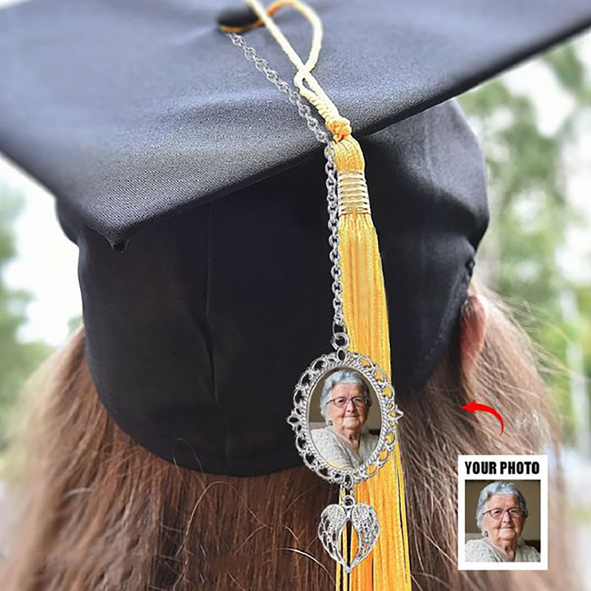 Personalized Graduation Tassel Photo Charm with Angel Wings