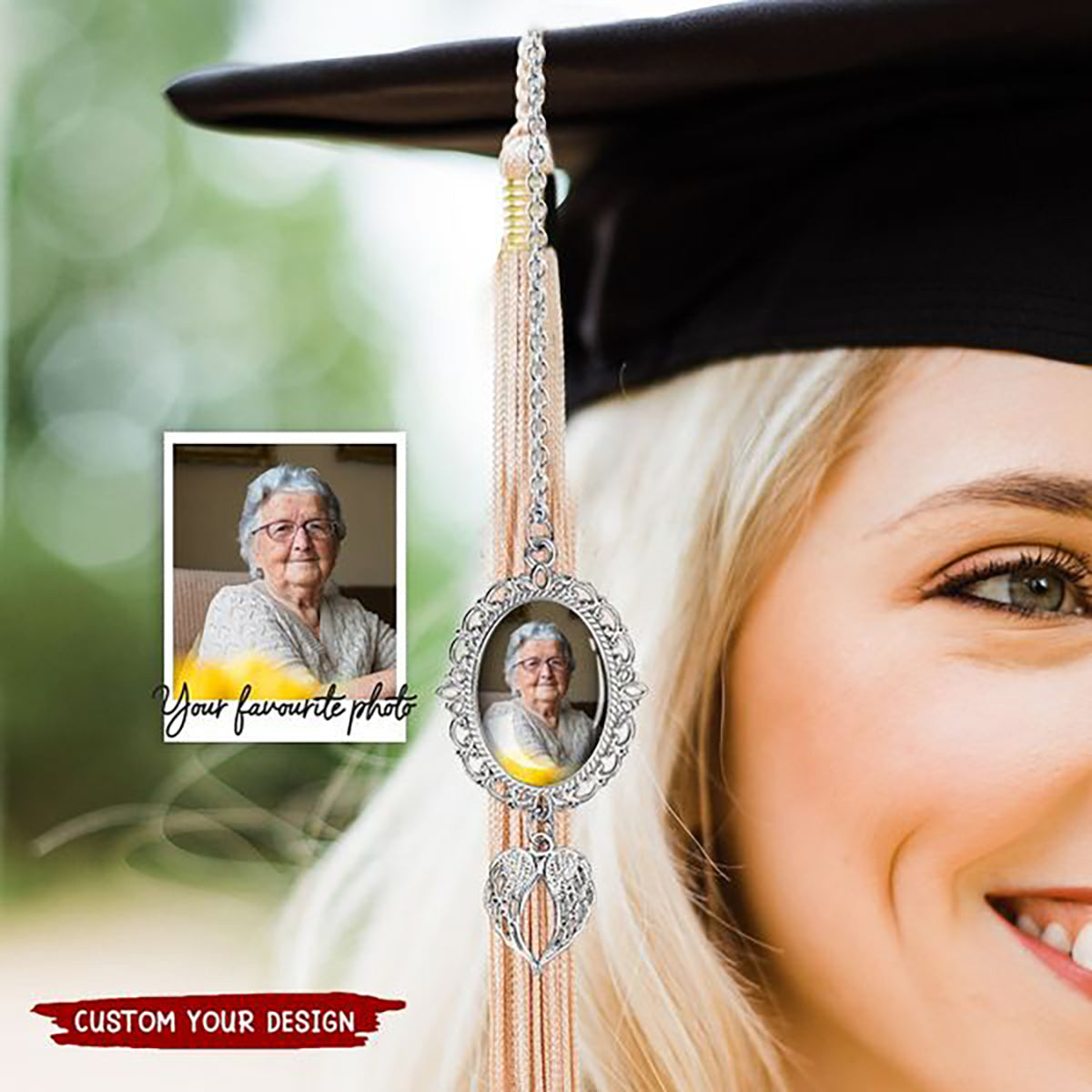 Personalized Graduation Tassel Photo Charm with Angel Wings