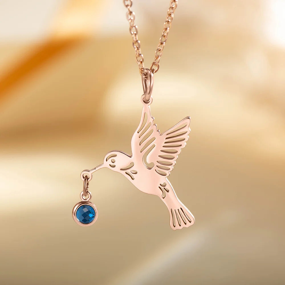 Personalized Dainty Hummingbird Necklace with Birthstone Bird Jewelry Mother's Day Gift for Women