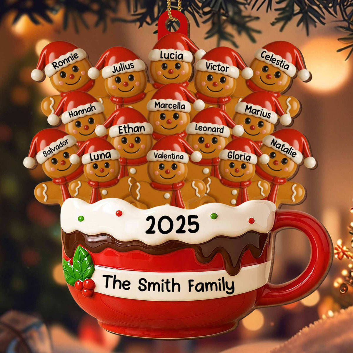 Hot Cocoa Mug With Festive Elves, Personalized Wood Ornament, Gift For Family