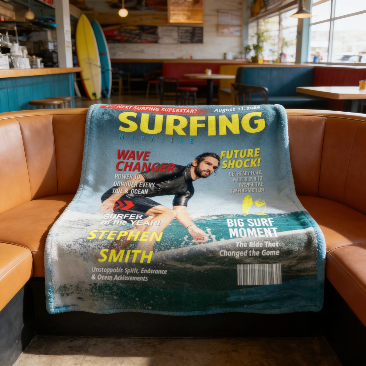 Personalized Surfing Photo Magazine Cover Blanket Gift For Surfers, Surfing Gift For Him