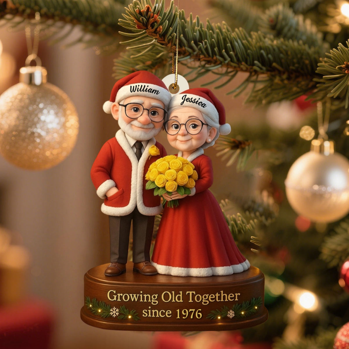 Growing Old Together, Elderly Couple With Yellow Roses, Personalized Acrylic Ornament, Gift For Grandparents