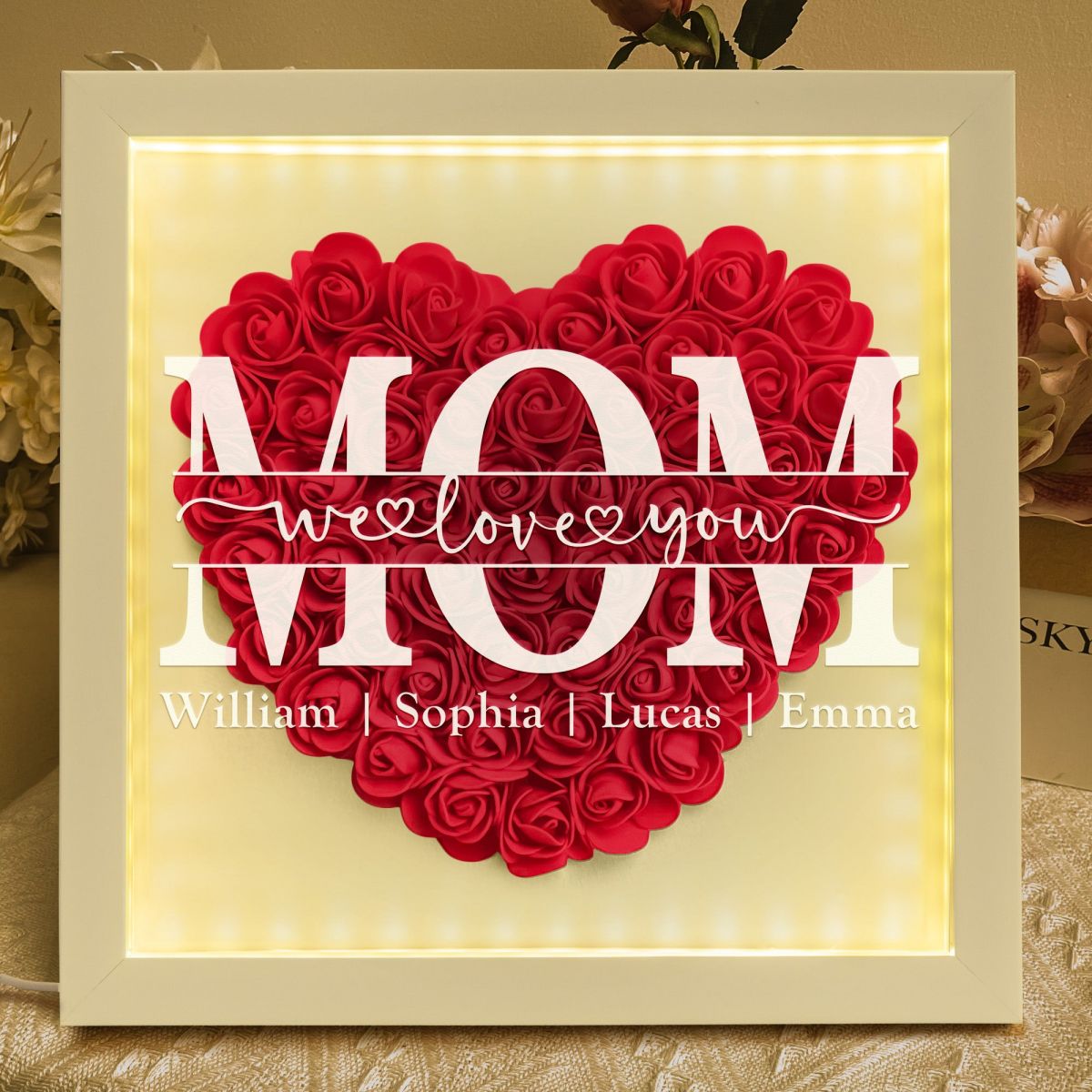 We Love You Mom - Personalized Flower Shadow Box With LED Light