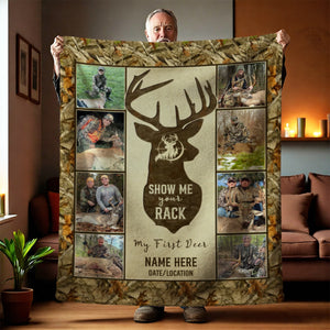 Hunting Deer Photo Collage Blanket, First Deer Gift, Hunting Blanket Gifts For Dad, Anniversary Gifts For Him