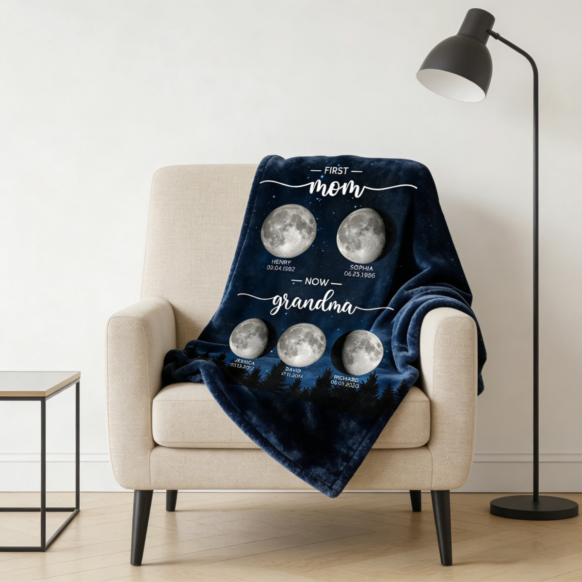 Galaxy Night First Mom Now Grandma Personalized Birth Moon Phase Blanket