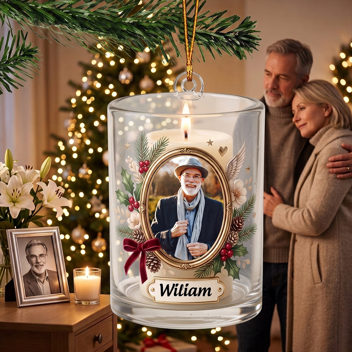 Personalized Vintage Glass Memorial Candle Christmas Ornament Custom Photo Gift