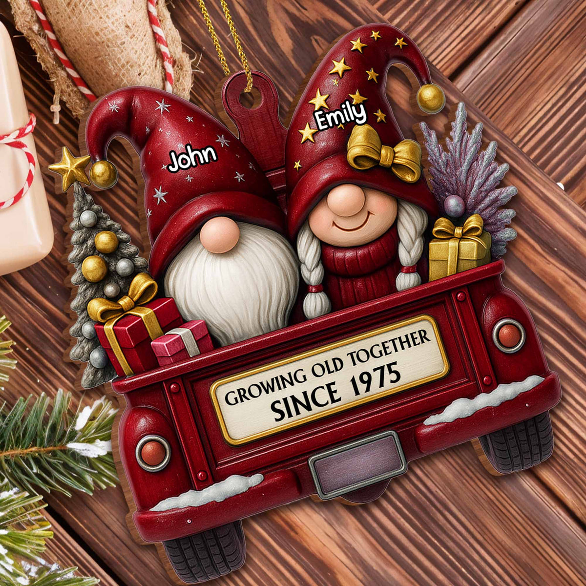 Growing Old Together, Christmas Red Truck Couples, Personalized Wood Ornament, Gift for Parents